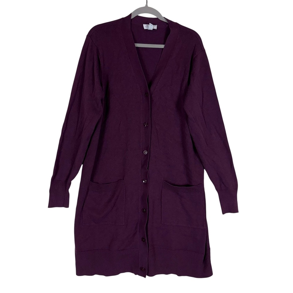Denim & Co. Sweater Womens XL Purple Long Cardigan V Neck Button Pockets Knit